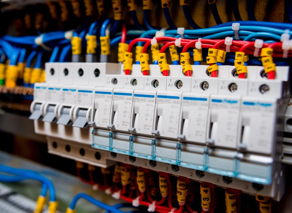 breakers in an industrial automations electrical panel
